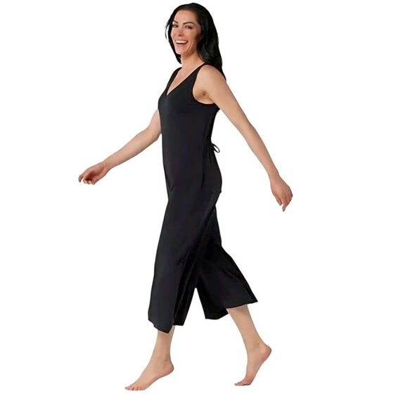 AnyBody XLP Black Cozy Knit Wide-Leg Jumpsuit Crop Sleeveless w/Back Tie Detail - Picture 1 of 5